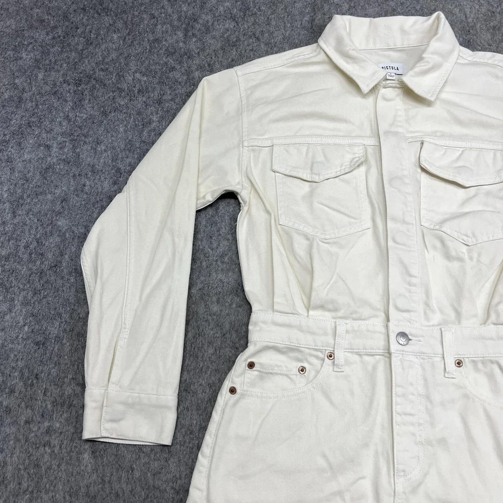 PISTOLA Dress Womens S Cream White Denim Shirt Dress Long Sleeve Raw Hem Utility